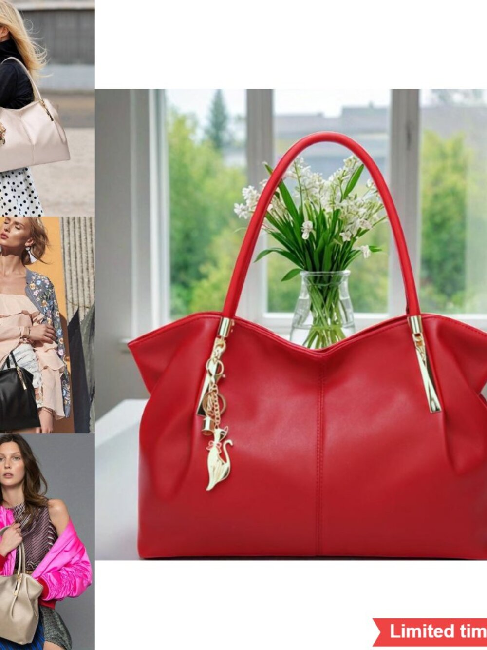PU Leather Large Capacity Tote Bag Shoulder Handbag with Kitten Pendant